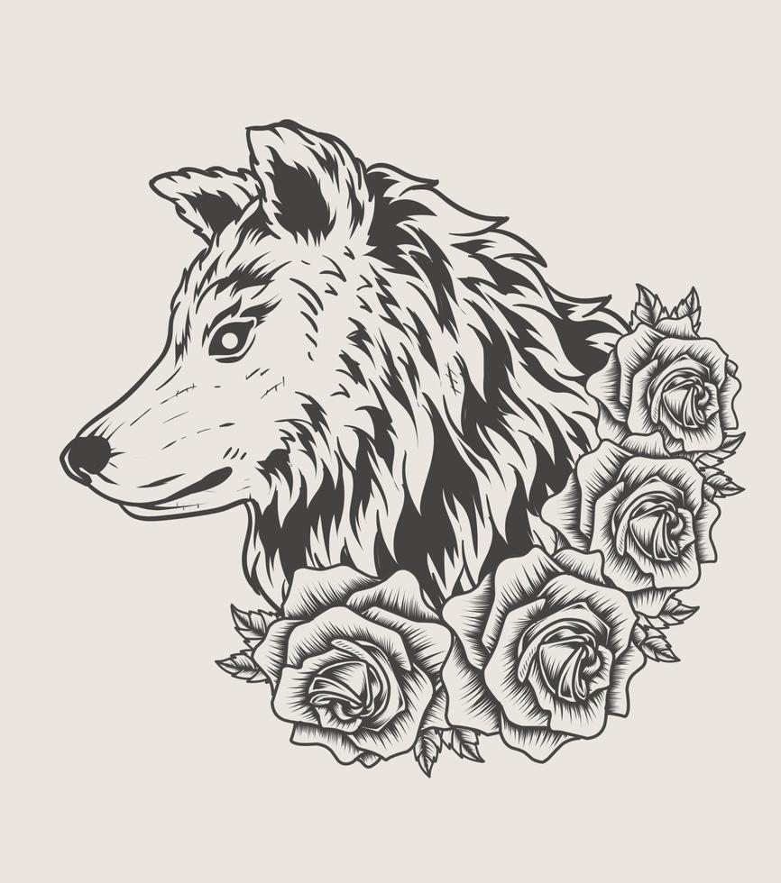 illustrazione testa di lupo con fiore di rosa in stile monocromatico vettore