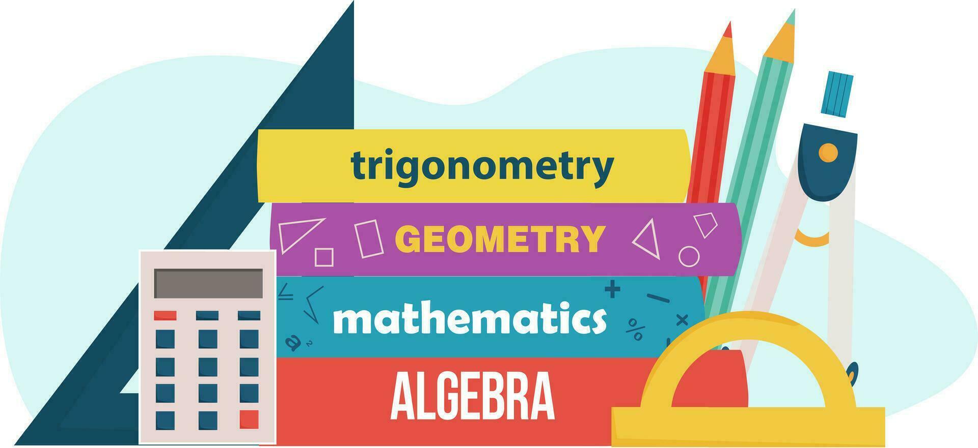 libri di testo, penne, calcolatrice, goniometro su bianca sfondo. matematica concetto. internazionale matematica giorno. matematica Lezioni e corsi. vettore illustrazione su bianca sfondo.