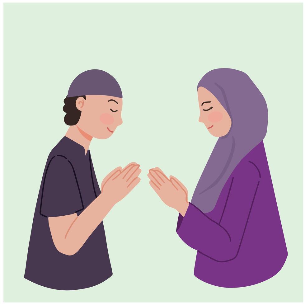 vettore musulmano donna e uomo Esprimere a gesti Ramadan gentile mano halal bi halal eid Fitr illustrazione