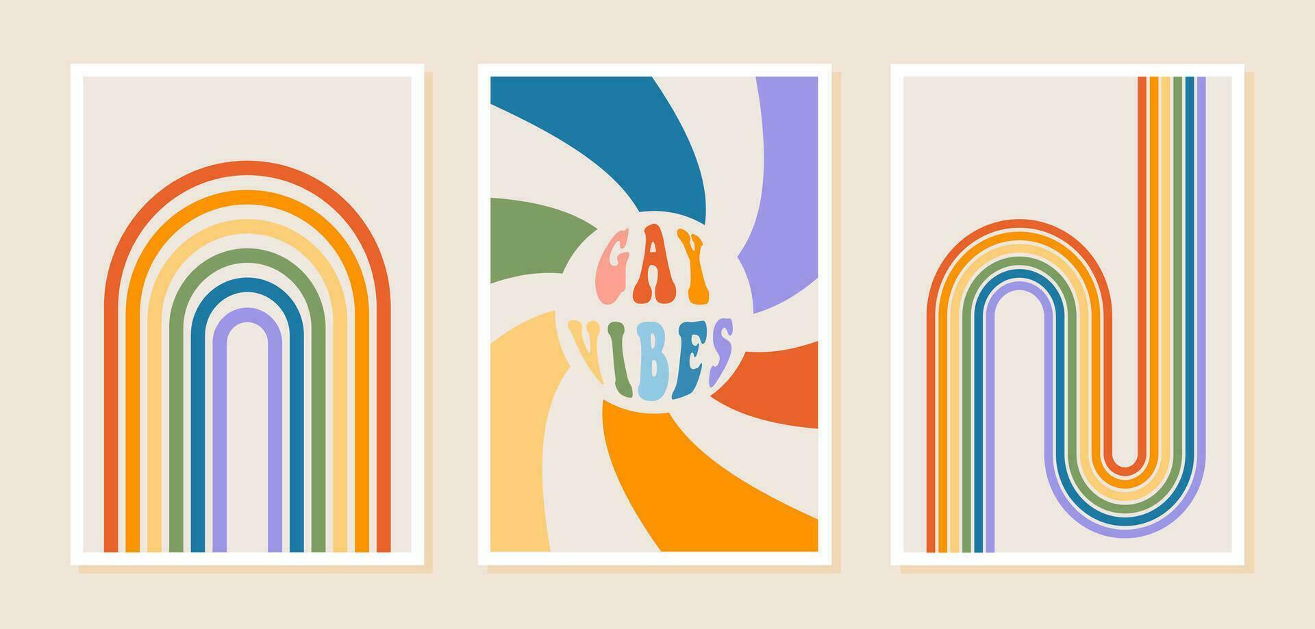 orgoglio mese manifesti con arcobaleno e gay vibrazioni frase nel retrò Groovy 60s 70s stile. impostato di strano verticale saluto carte con medio secolo arcobaleno. saluto carte con positivo arcobaleno colori. vettore. vettore