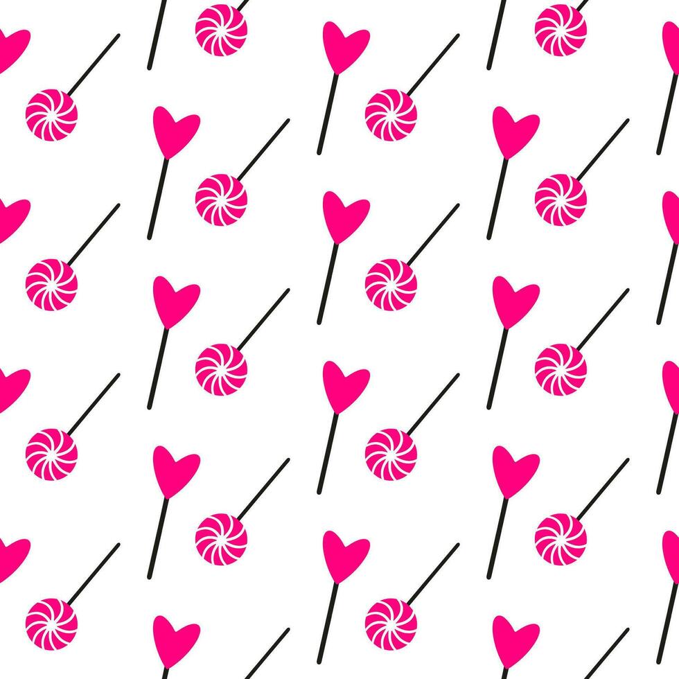 cuore forma lecca-lecca e turbinii lecca-lecca senza soluzione di continuità modello. mano disegnato dolce Lecca-lecca per San Valentino giorno. avvolgere con cuore forma lecca-lecca icona su senza soluzione di continuità modello per San Valentino giorno, nuovo anno, Pasqua vettore