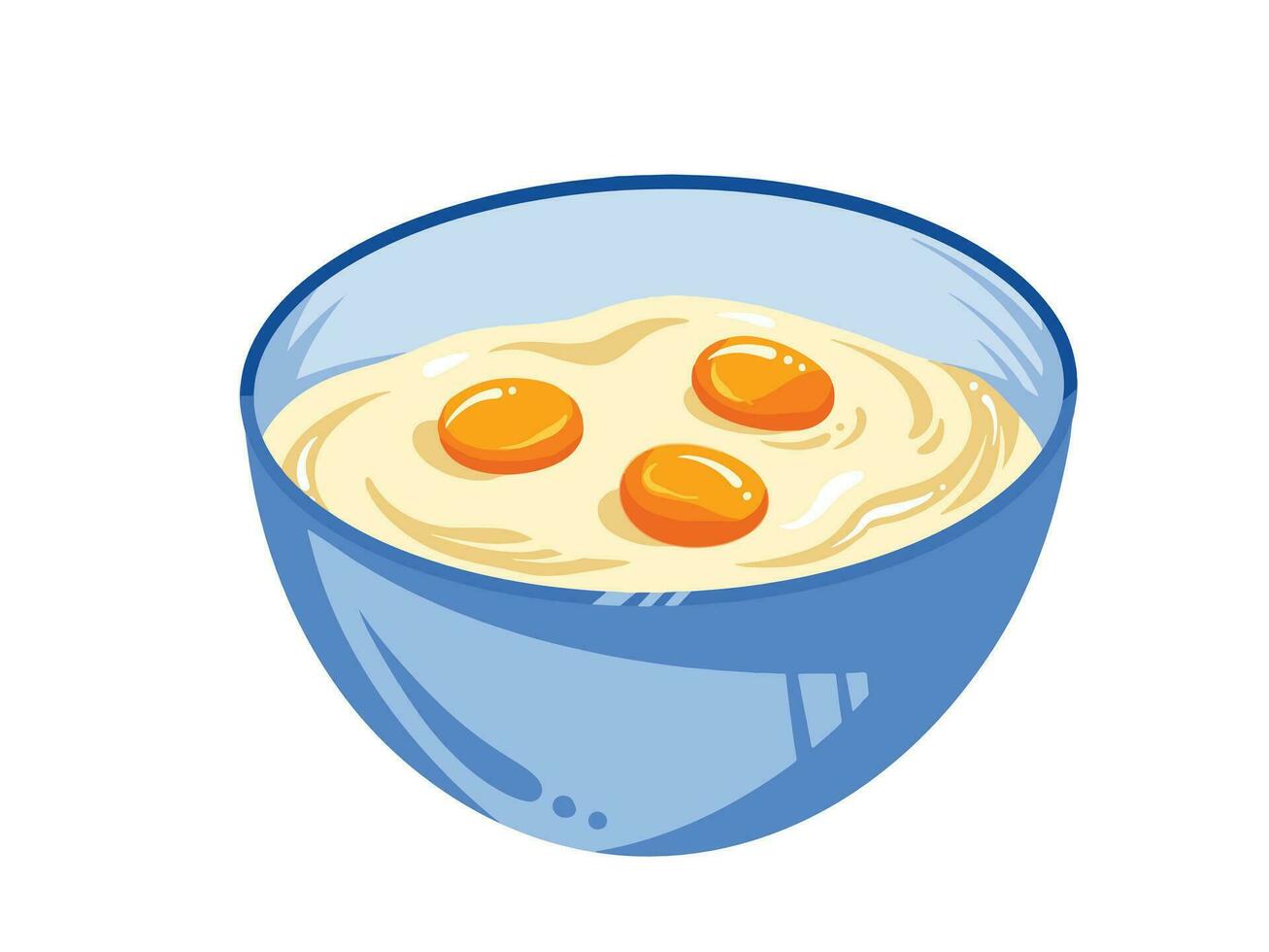 tre crudo uova dentro blu ciotola vettore illustrazione isolato su bianca orizzontale sfondo. semplice piatto cartone animato arte styled pieno colorato disegno. cucinando e cottura al forno a tema arte.
