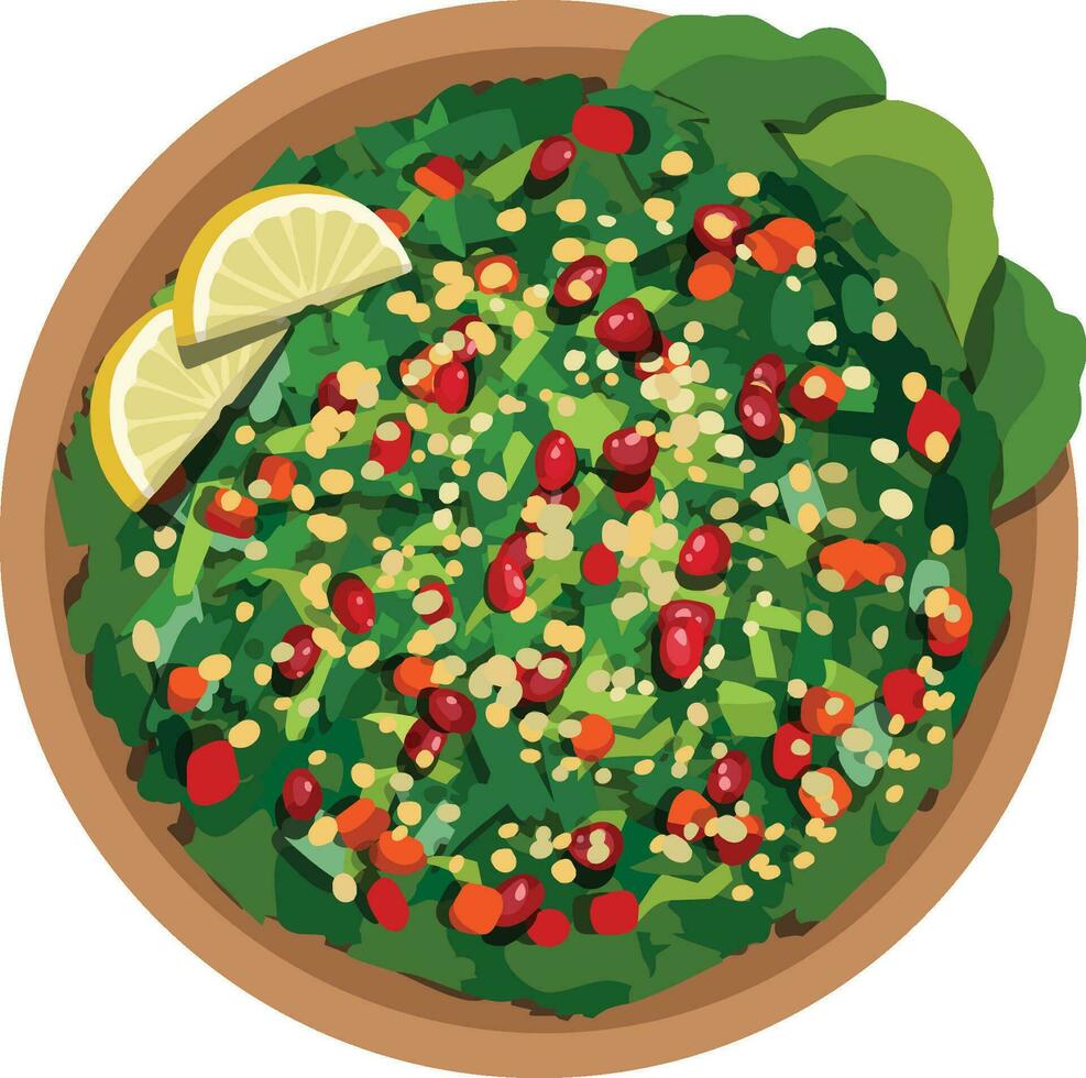 superiore Visualizza tabouleh , Tabouli , erba e bulgar insalata. mezzo orientale cibo illustrazione vettore. vettore