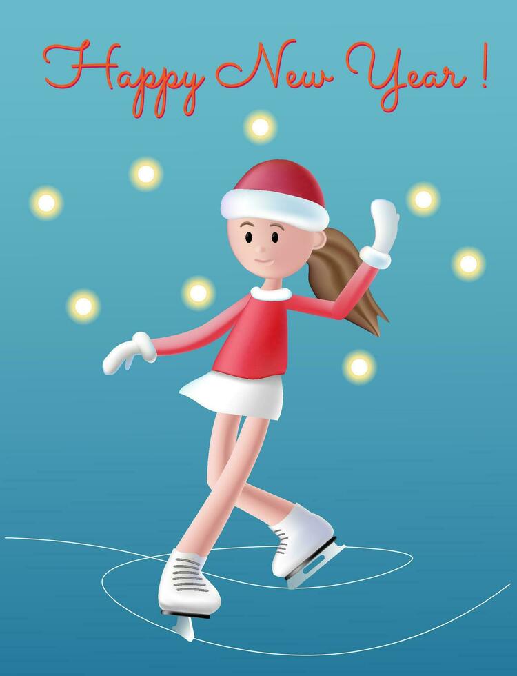 allegro Natale e contento nuovo anno saluto carta. realistico 3d design di figura pattinatore ragazza. vettore illustrazione