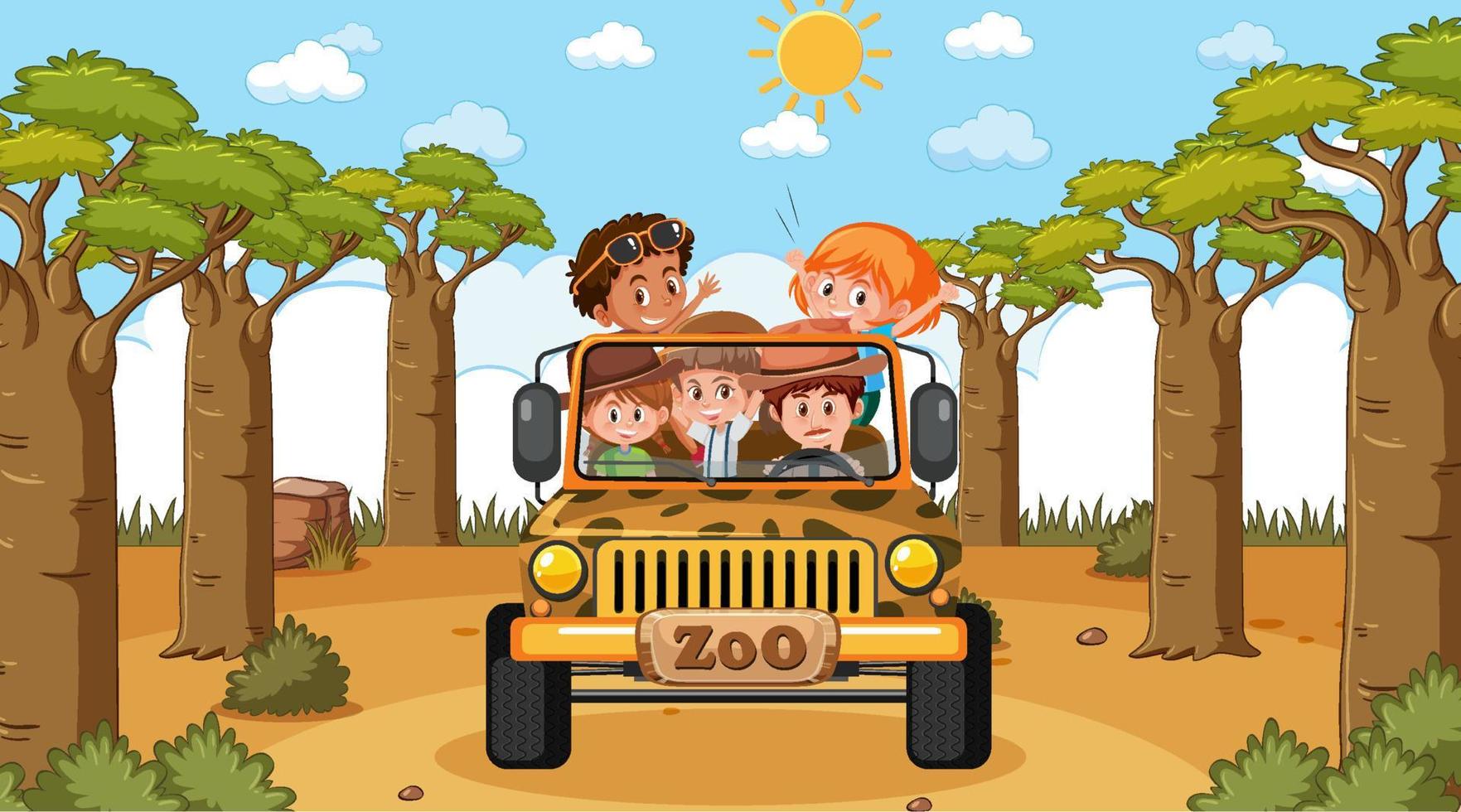zoo di giorno in scena con molti bambini in una jeep vettore