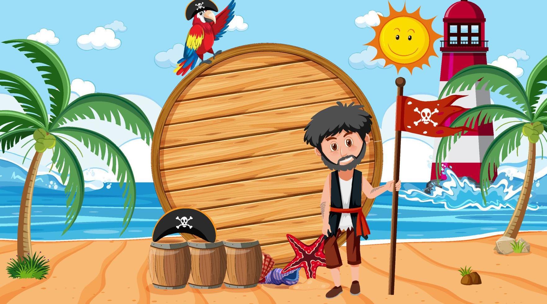 uomo pirata e uccello pappagallo sulla scena diurna della spiaggia con un modello di banner vuoto vettore