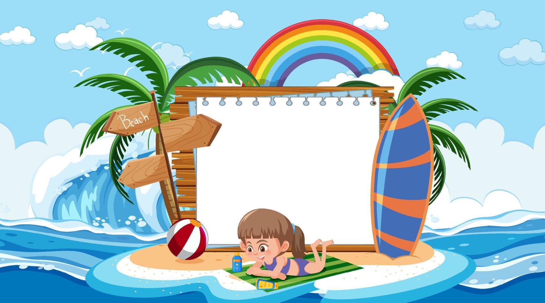 modello di banner vuoto con i bambini in vacanza sulla scena diurna della spiaggia vettore