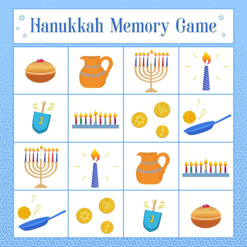 gioco di memoria con i simboli della festa ebraica hanukkah, dreidel, ciambelle, vasetto di olio, monete, latkes. illustrazione vettoriale. vettore