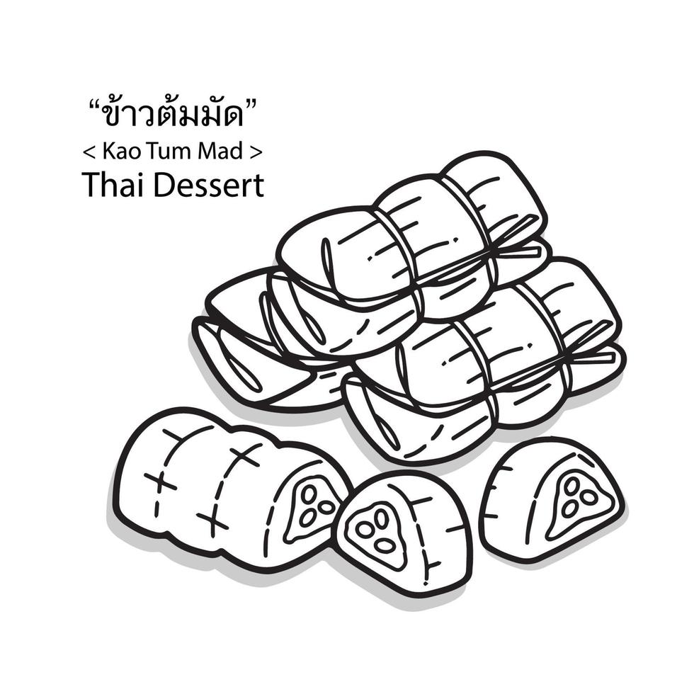 illustrazione vettoriale di dessert tailandese disegnato a mano sveglio. riso appiccicoso tailandese con banana.