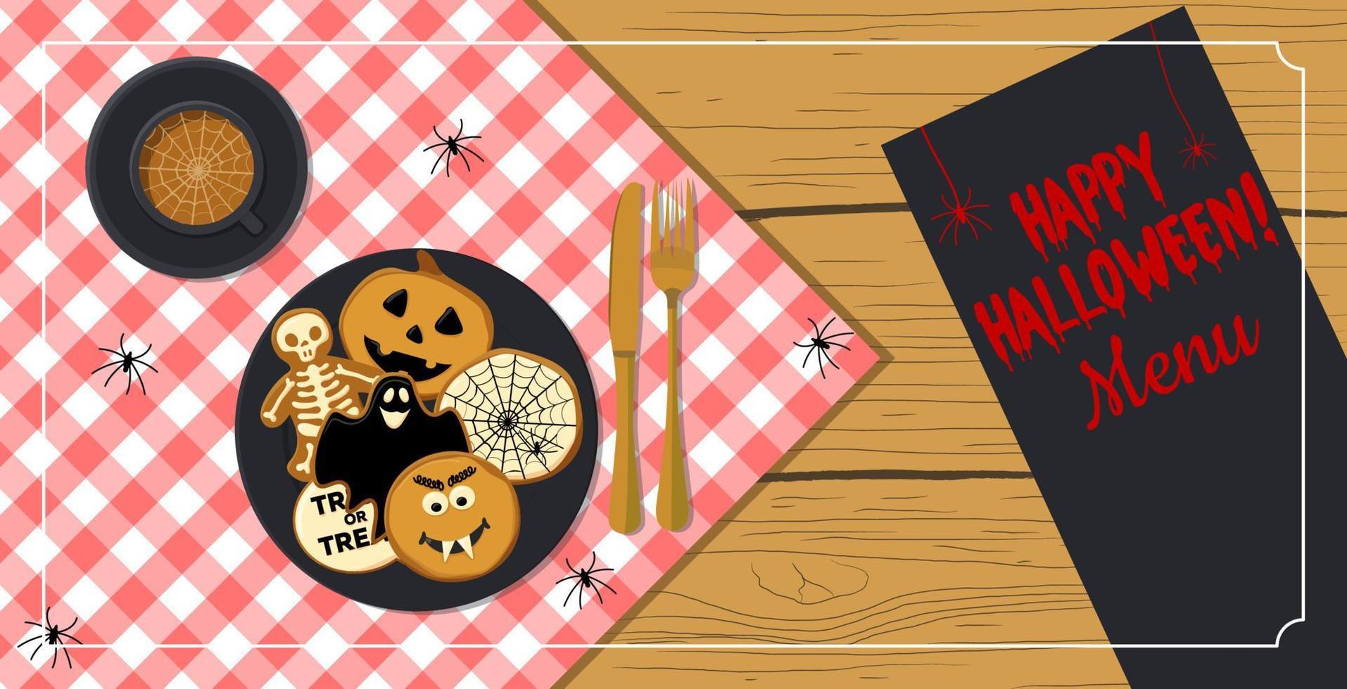 carta pubblicitaria del menu di halloween colorato con biscotti e caffè. modello di banner vettoriale su una tovaglia a scacchi, eps 10