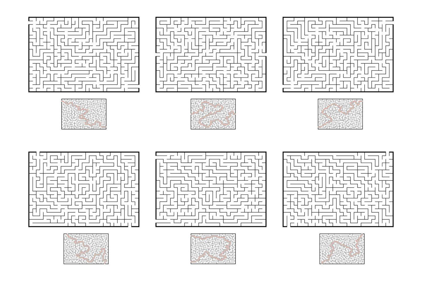 una serie di labirinti rettangolari. gioco per bambini. puzzle per bambini. enigma del labirinto. illustrazione vettoriale piatto isolato su sfondo bianco. con risposta.