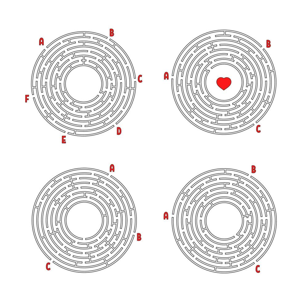 una serie di labirinti rotondi. gioco per bambini. puzzle per bambini. enigma del labirinto. illustrazione vettoriale piatto isolato su sfondo bianco.