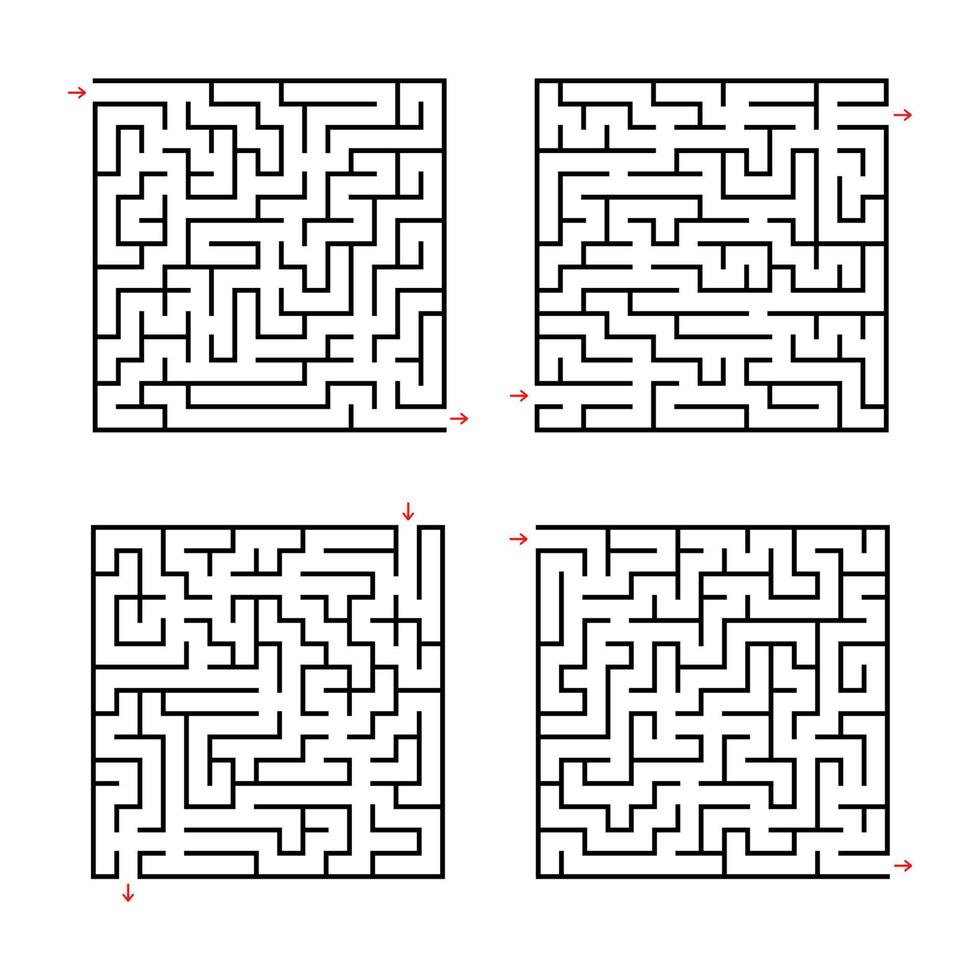 una serie di labirinti quadrati. gioco per bambini. puzzle per bambini. enigma del labirinto. illustrazione vettoriale piatto isolato su sfondo bianco.