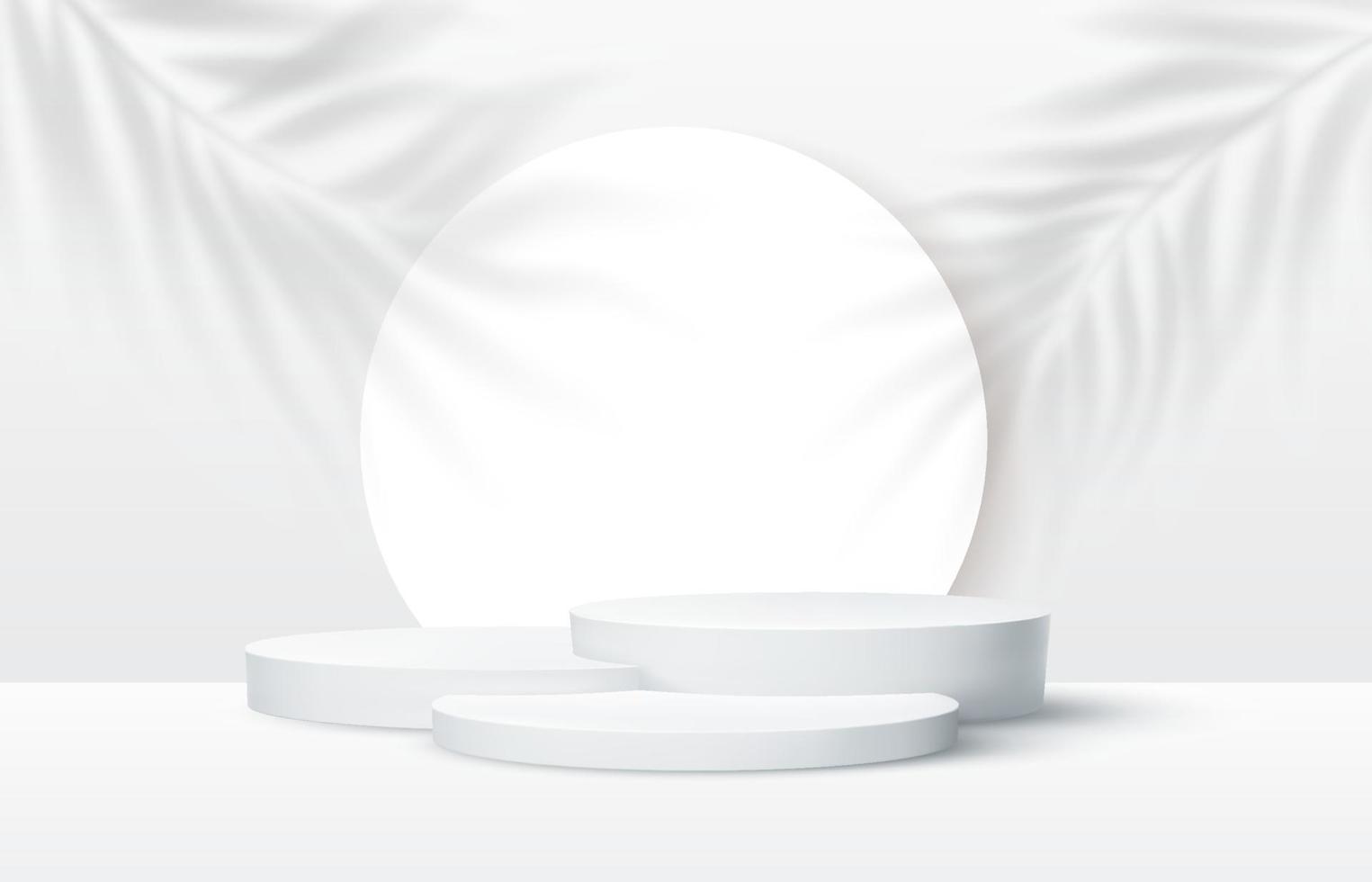 podio bianco con forme geometriche 3d e ombra di foglie di palma vettore