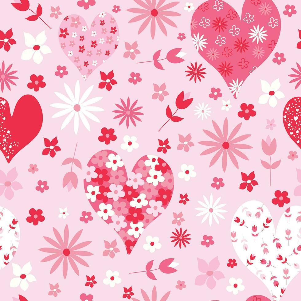 senza soluzione di continuità modello con cuori e fiori nel rosa toni. floreale design per San Valentino giorno. vettore