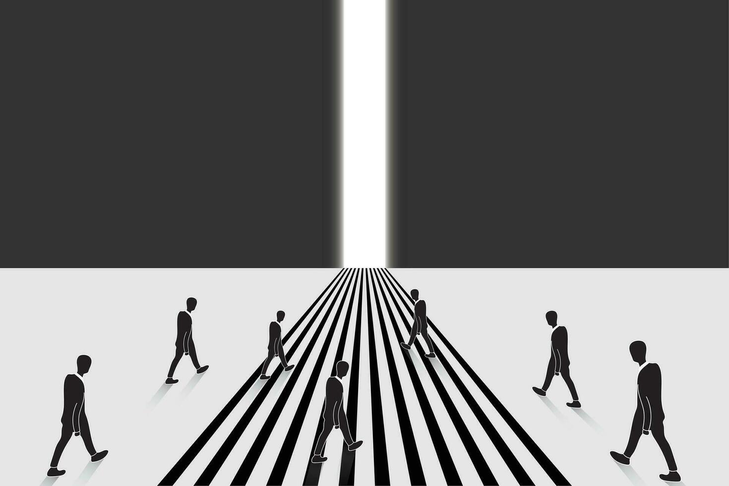 illustrazione silhouette persone a piedi verso il Uscita modo con leggero su grigio sfondo. vettore
