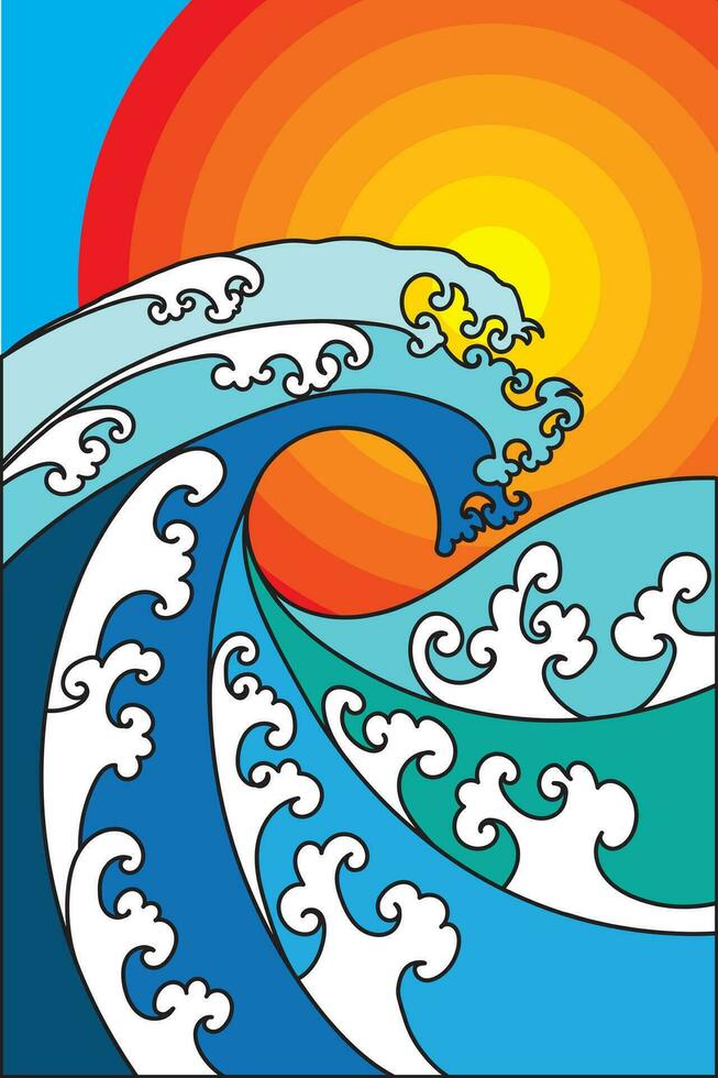 astratto di mare onda e sole pendenza colore con blu sfondo. vettore
