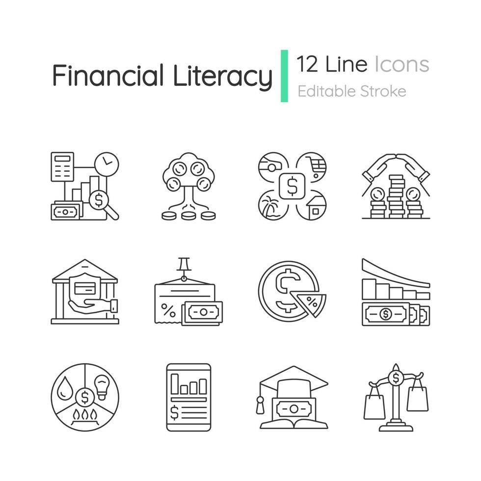 set di icone lineari di alfabetizzazione finanziaria vettore