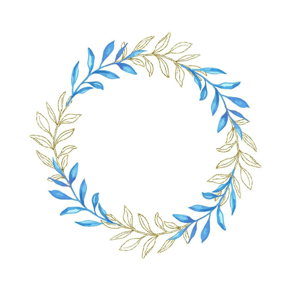 d'oro telaio con blu acquerello le foglie per nozze carta e invitare vettore