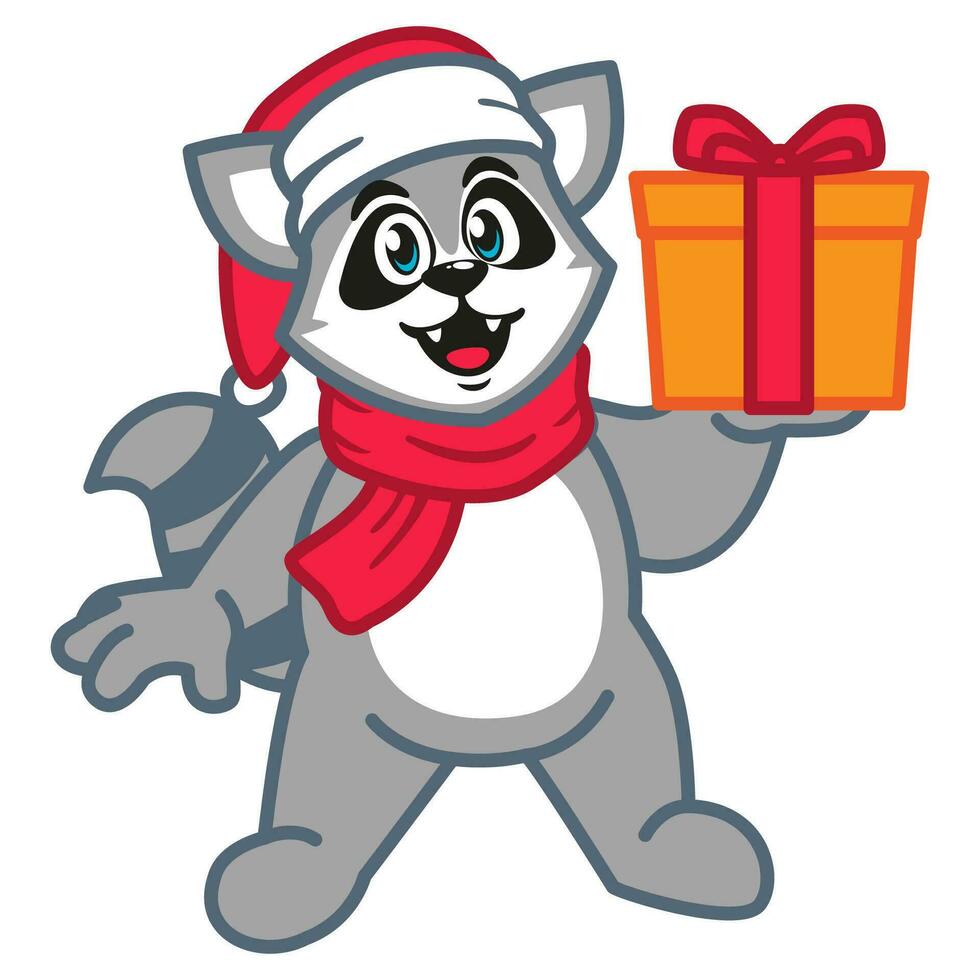 cartone animato procione nel un' rosso sciarpa e un' Santa cappello con Natale i regali vettore