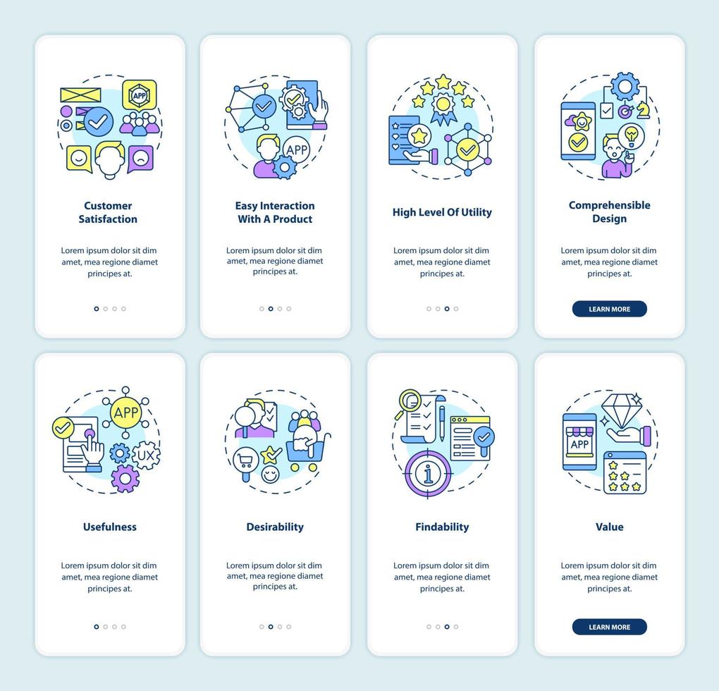 set di schermate della pagina dell'app mobile di onboarding dello sviluppo del prodotto vettore