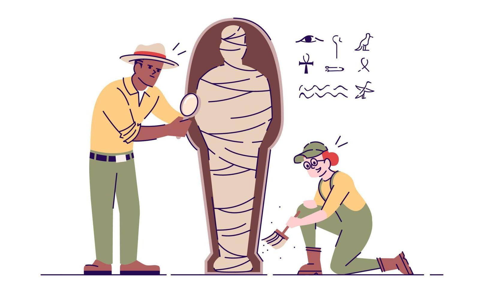 archeologi che esplorano l'illustrazione piana di vettore della mummia
