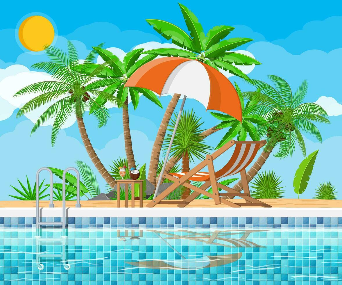 nuoto piscina e scala a pioli. ombrello, di legno lettino. tavolo con Noce di cocco e cocktail. palma albero. cielo, nuvole, sole. vacanza e vacanza concetto. vettore illustrazione nel piatto stile