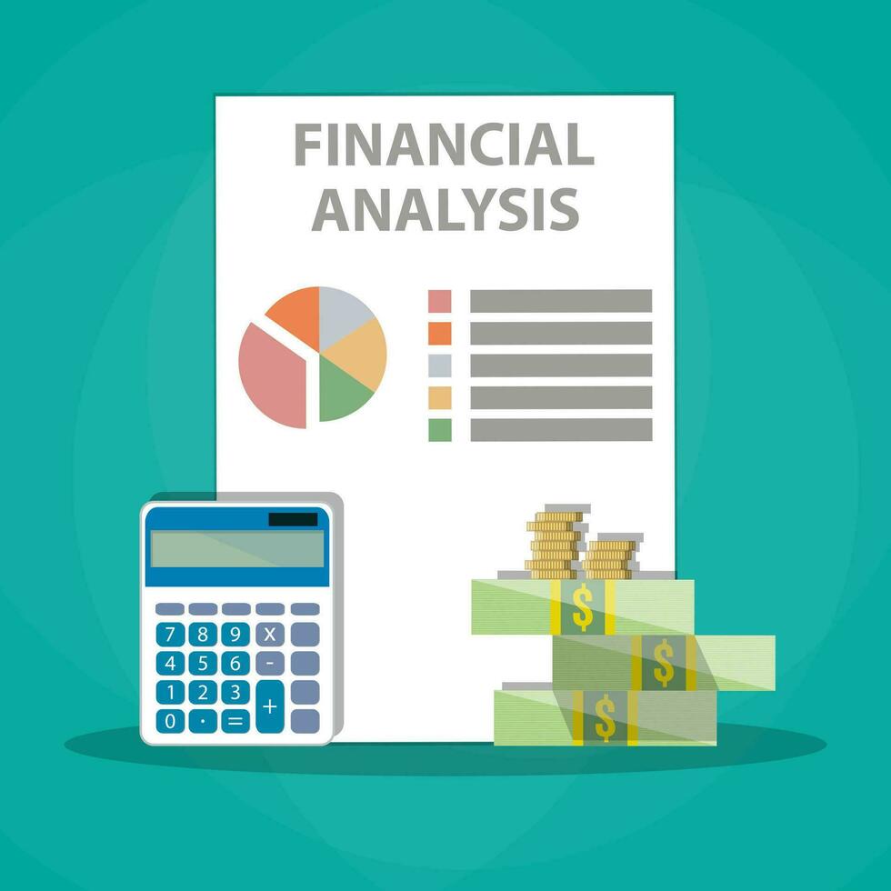 finanziario calcoli. Lavorando processi. calcolatrice, finanziario rapporti, i soldi, monete. vettore illustrazione nel piatto design su verde sfondo