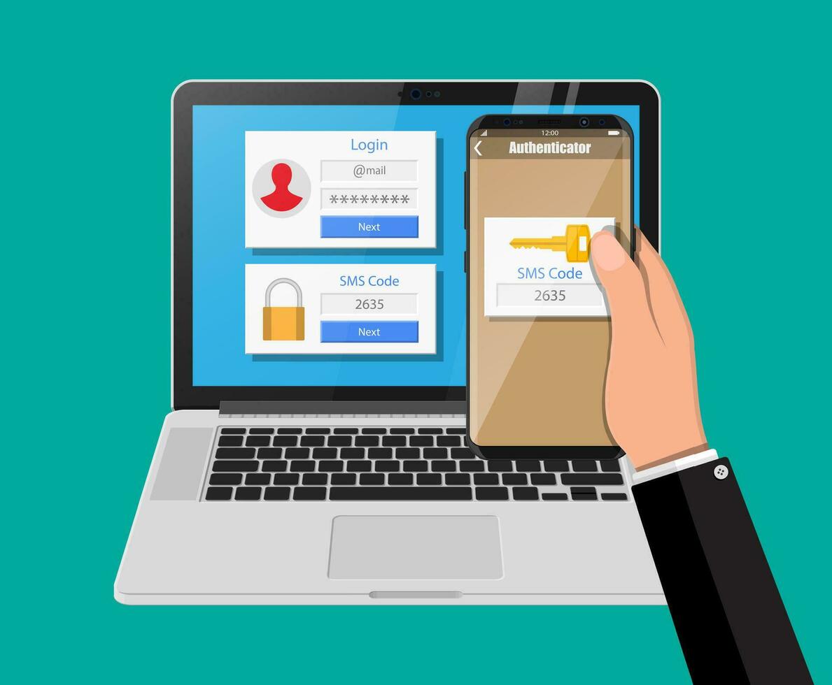 Due passaggi autenticazione concetto. il computer portatile con accesso in account e mano con smartphone con sms app. duo verifica di Telefono e approvazione. vettore illustrazione nel piatto stile