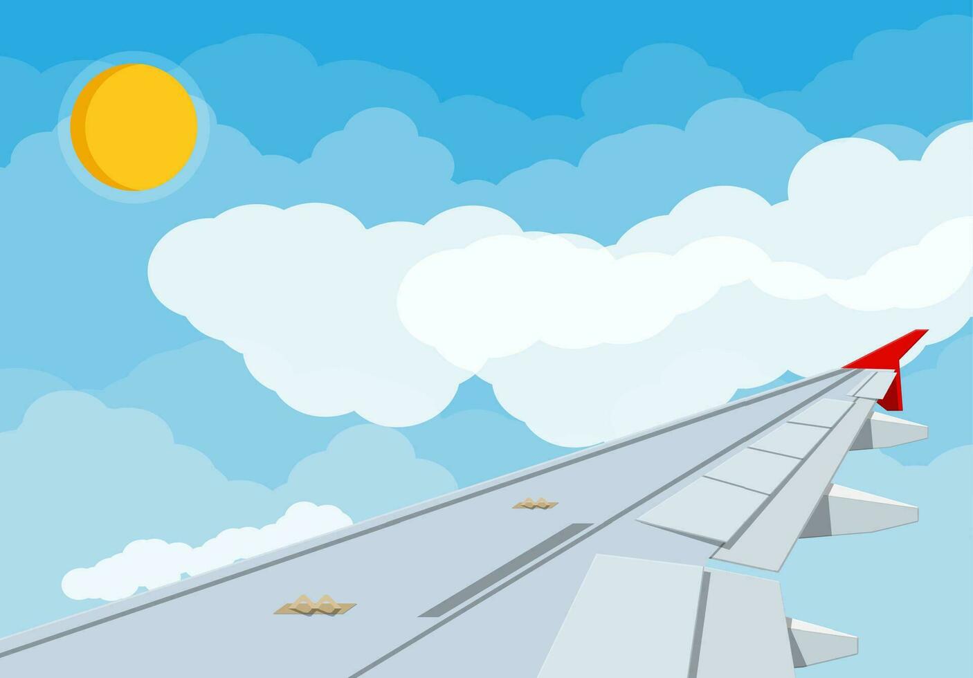 Visualizza di ala di aereo nel cielo. aria viaggio o vacanza concetto. cielo con nuvole e sole. vettore illustrazione nel piatto stile