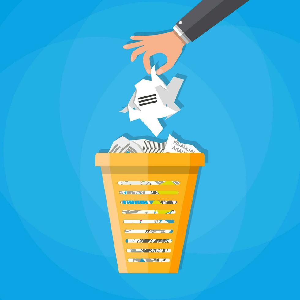 cartone animato uomo d'affari mano mettere carta nel ufficio spazzatura riciclare bidone per spazzatura. bidone per carte. vettore illustrazione nel piatto design su blu sfondo