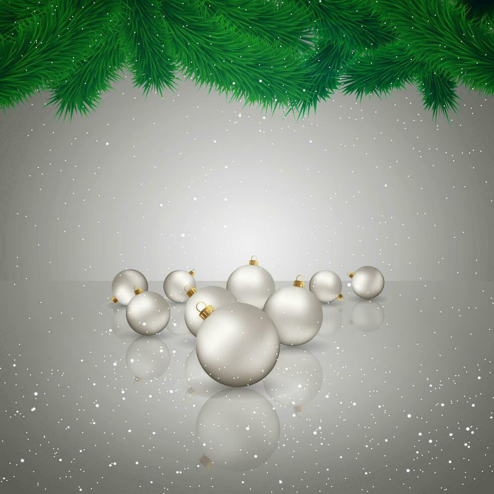 Natale grigio sfondo con leggero bicchiere palle con riflessi, pelliccia rami e neve, modello per saluto o postale carta, vettore illustrazione