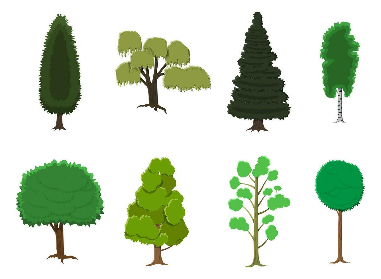 impostato di vario stilizzato alberi nel piatto stile. vettore illustrazione