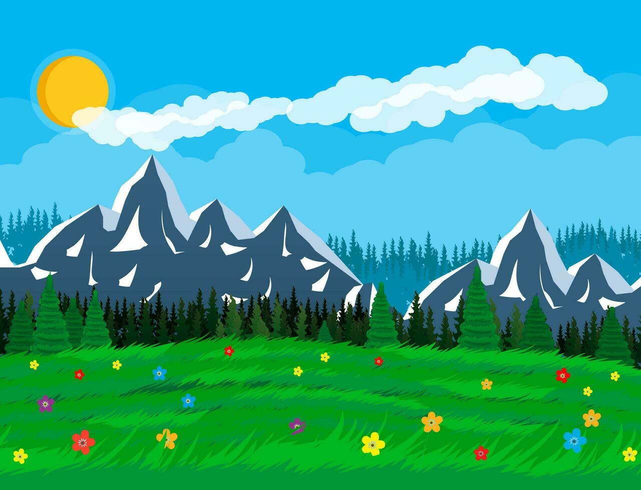 estate natura paesaggio con montagne, foresta, erba, fiore, cielo, sole e nuvole. nazionale parco. vettore illustrazione nel piatto stile