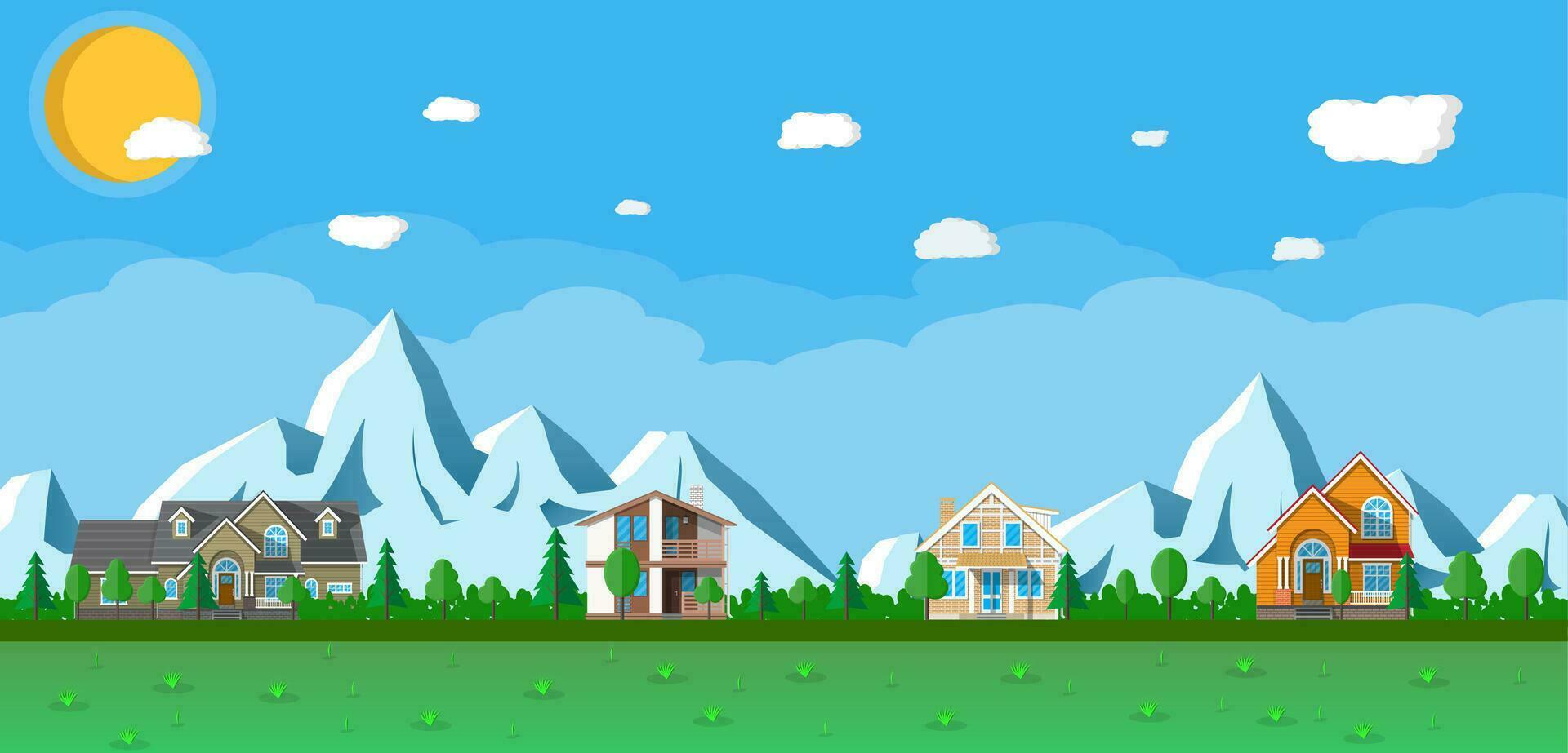 piccolo villaggio paesaggio. di legno case nel il montagne tra il alberi. blu cielo con sole e nuvole. vettore illustrazione nel piatto tyle