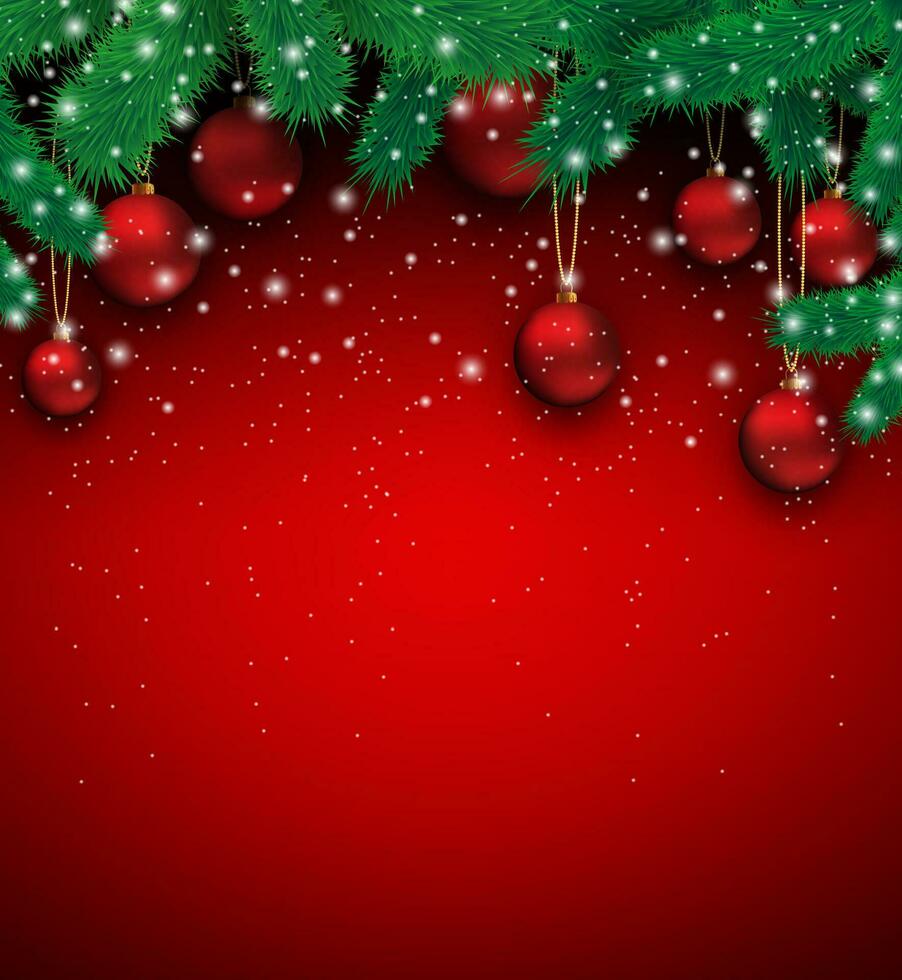 Natale carta con rosso bicchiere palle, fiocchi di neve, pelliccia rami a rosso sfondo, vettore illustrazione, modello per saluto carta.
