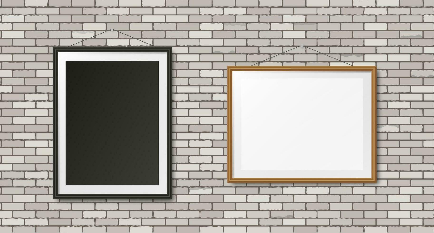 bianca mattone parete con realistico di legno nero e Marrone foto cornici. vettore illustrazione