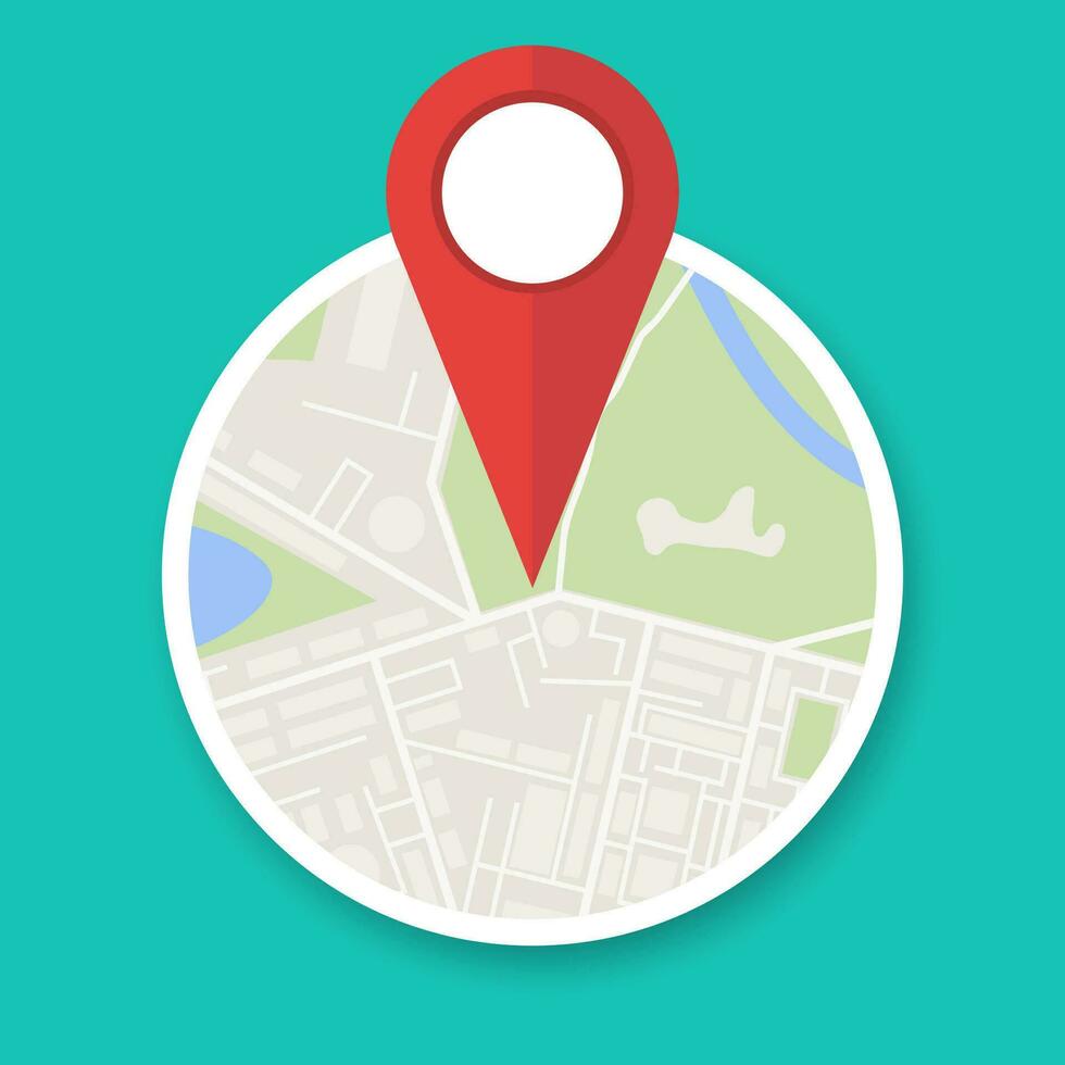 navigazione geolocalizzazione icona. cerchio città carta geografica con rosso spillo, vettore illustrazione nel piatto design su verde sfondo
