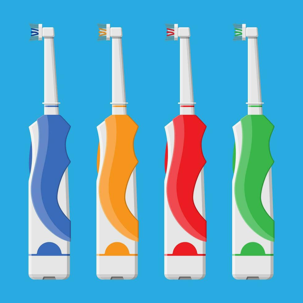 elettrico spazzolino nel diverso colori. dente spazzola dentale attrezzatura. igiene e igiene orale. vettore illustrazione nel piatto stile