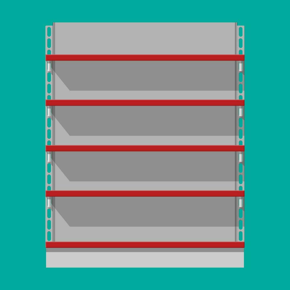 vuoto supermercato vetrina. Al dettaglio plastica scaffali per prodotti. negozio ripiano, magazzino cremagliera. memorizzare e centro commerciale arredamento. vettore illustrazione nel piatto stile