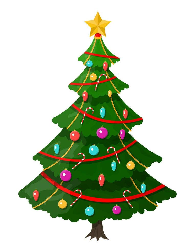 Natale albero decorato con colorato palle, ghirlanda luci, d'oro stella. abete rosso, sempreverde albero. saluto carta, festivo manifesto, festa inviti. nuovo anno. vettore illustrazione nel piatto stile
