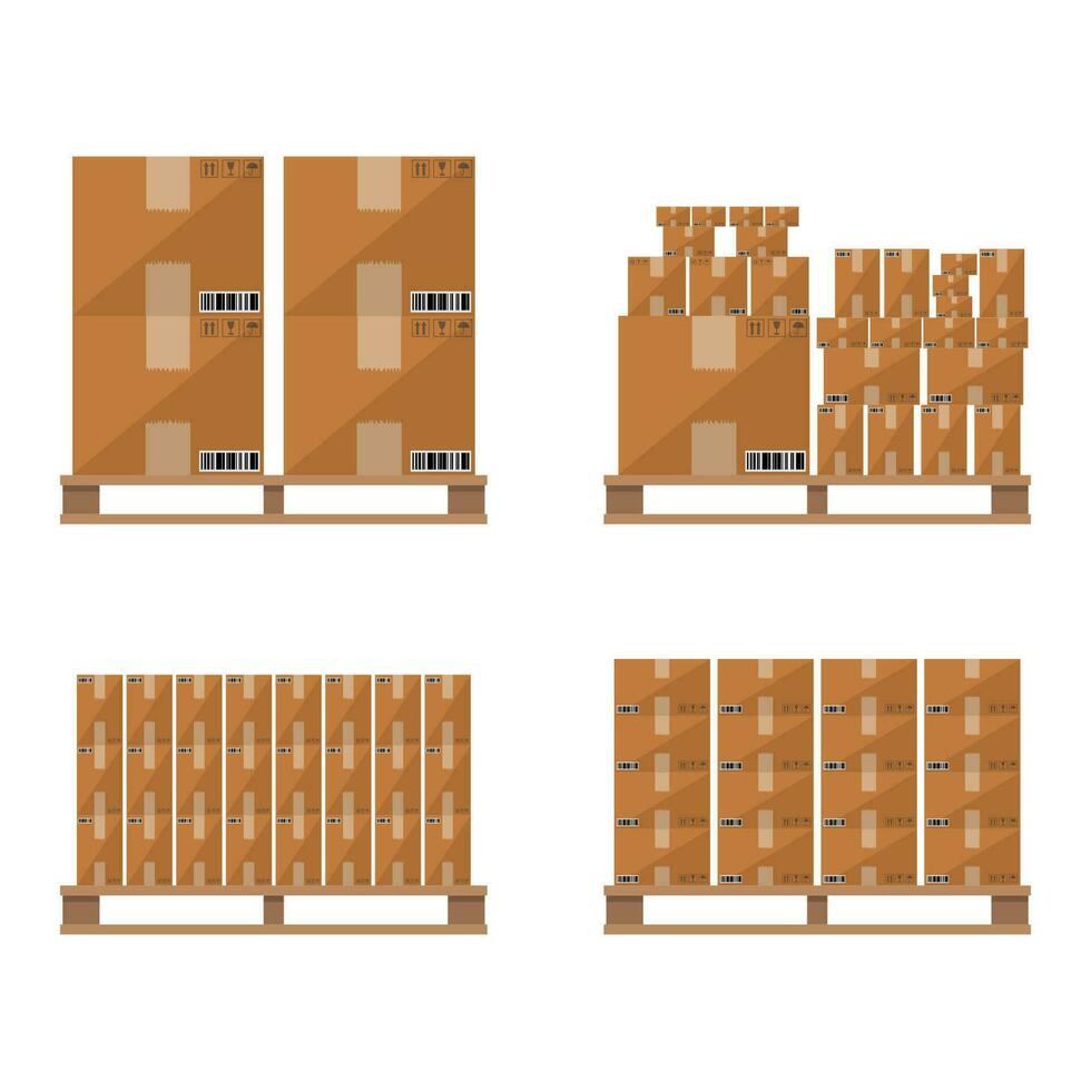 impostato di chiuso Marrone scatola di cartone consegna scatole nel vario dimensioni con fragile segni e codice a barre su di legno pallet. vettore illustrazione nel piatto design isolato su bianca sfondo