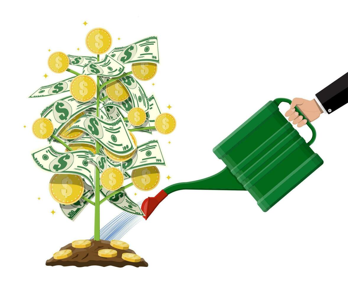 irrigazione i soldi moneta albero con Potere. in crescita i soldi albero. investimento, investire. oro monete e dollaro banconote su rami. simbolo di ricchezza. attività commerciale successo. piatto stile vettore illustrazione.