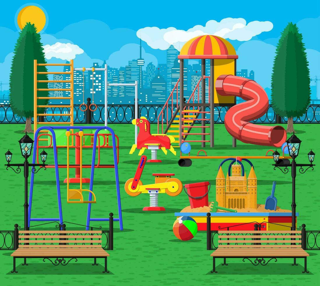 bambini terreno di gioco scuola materna panorama. urbano bambino divertimento. diapositiva scala a pioli, sandbox con giocattoli. panchina e lampada. città parco con attrazioni. paesaggio urbano, nuvole e sole. vettore illustrazione piatto stile