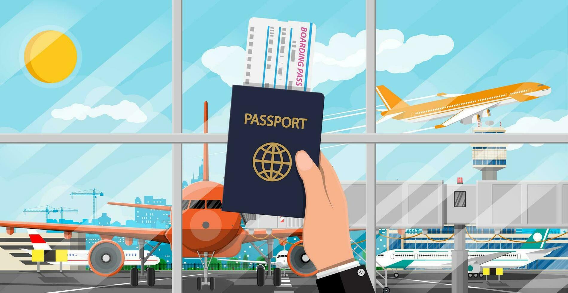 mano con passaporto e linea aerea biglietto. aereo prima decollare. aeroporto controllo Torre, terminale edificio e parcheggio la zona. paesaggio urbano. cielo con nuvole e sole. vettore illustrazione nel piatto stile