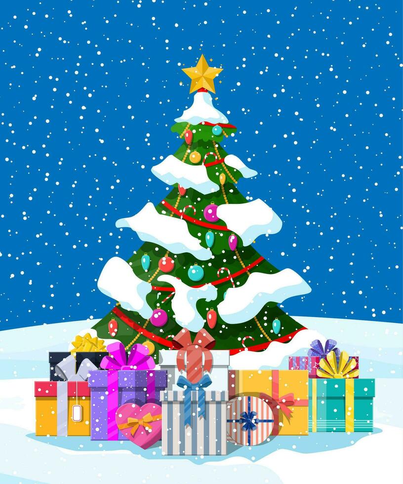 Natale albero decorato con colorato palle, ghirlanda luci, d'oro stella. molte di regalo scatole. abete rosso, sempreverde albero. saluto carta, festivo manifesto. nuovo anno. vettore illustrazione nel piatto stile