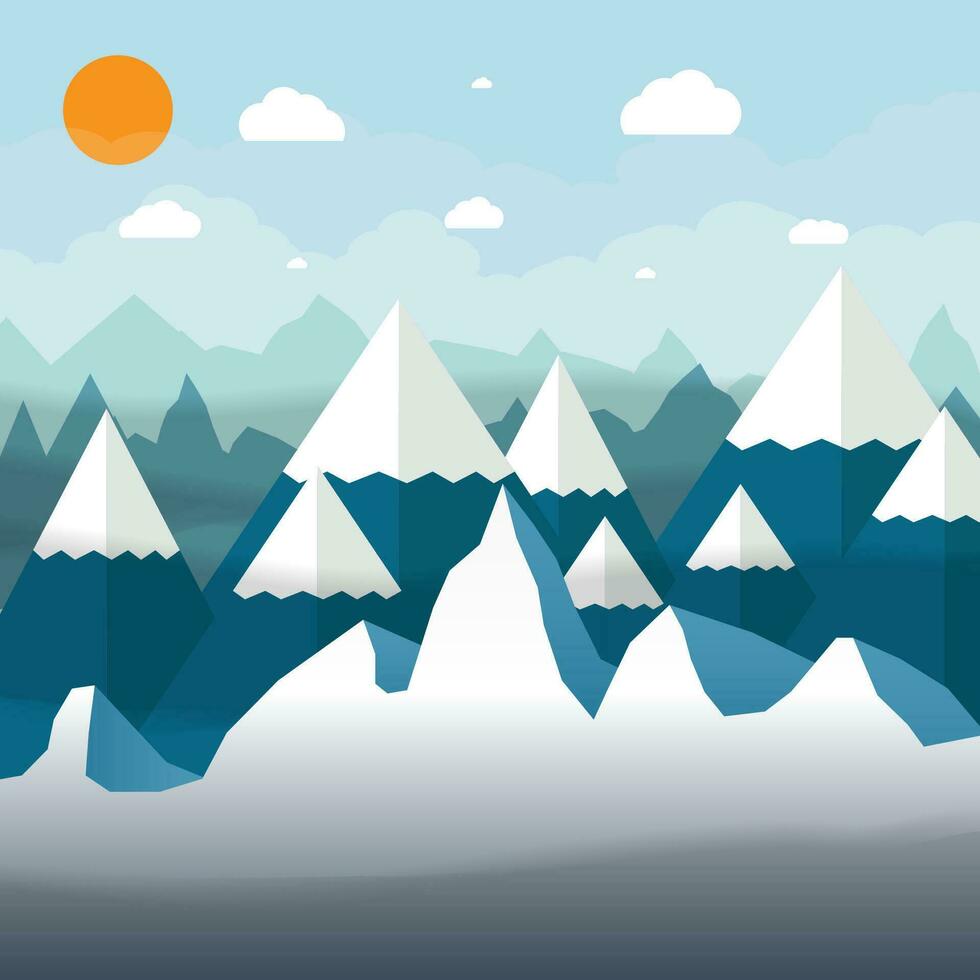 astratto paesaggio con nevoso montagne, cielo con nuvole e sole. vettore illustrazione nel piatto design