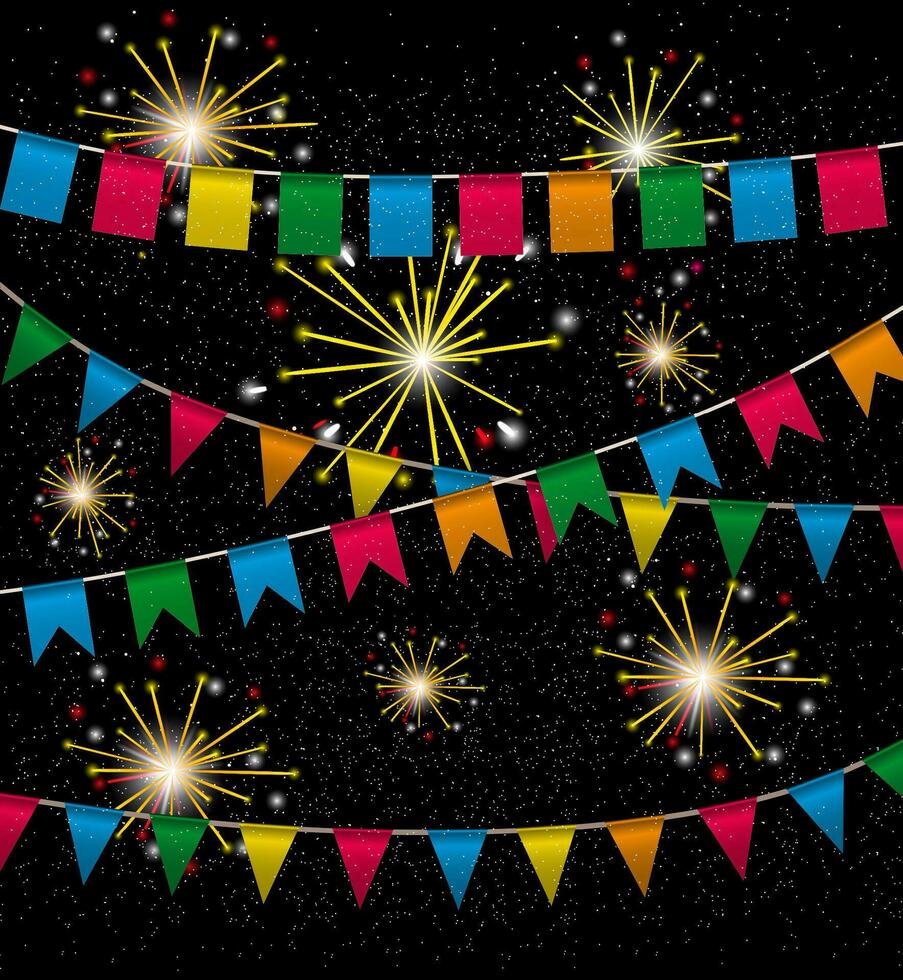 colore bandierina pavese collezione triangolare e piazza rosso, giallo, blu, verde, arancia colori nel notte con colore fuoco d'artificio intorno a, vettore illustrazione. per ragnatela design. saluto carta, festa