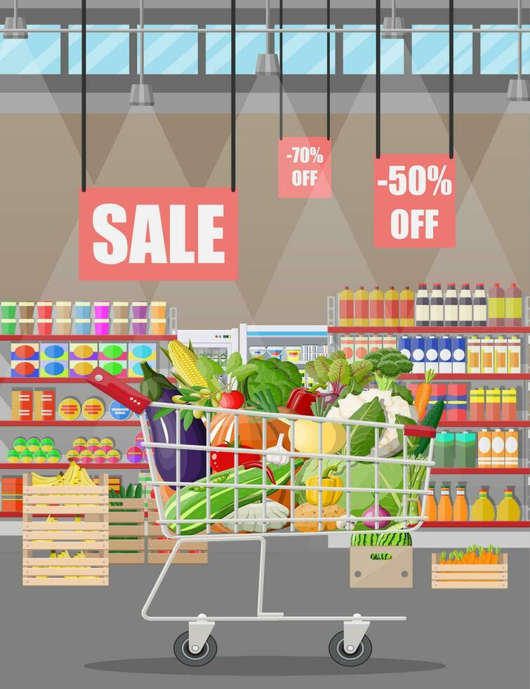 supermercato memorizzare interno con verdure nel shopping carrello. grande shopping centro commerciale. interno memorizzare dentro. check-out contatore, drogheria, bevande, cibo, latteria prodotti. vettore illustrazione nel piatto stile