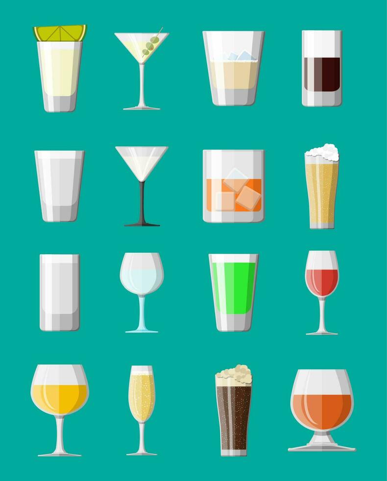 alcool bevande collezione nel occhiali. Vodka Champagne vino whisky birra Brandy Tequila Cognac liquore vermut Gin Rum Assenzio Sambuca Cedro Bourbon. vettore illustrazione nel piatto stile.